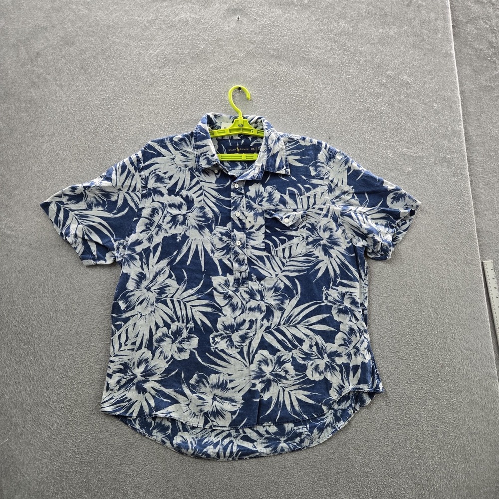 Ralph Lauren Men Button Up Shirt XXL Blue Floral Linen Hawaiian Loop Collar
